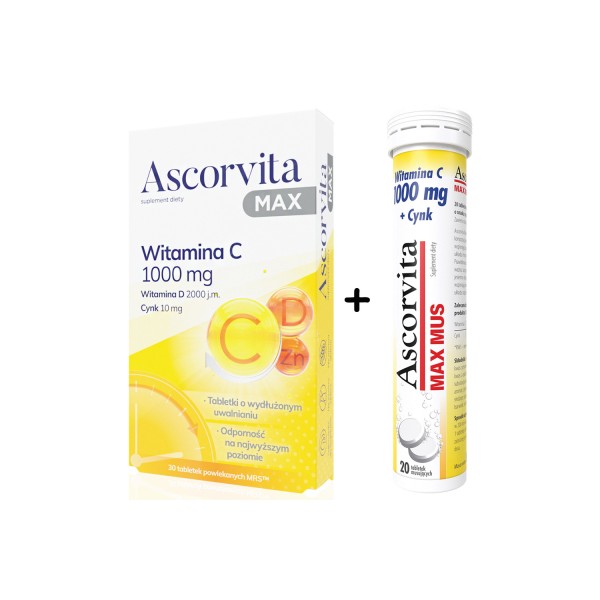 ZESTAW ASCORVITA MAX 30 tabletek + ASCORVITA MAX MUS 20 tabletek musujących o smaku cytrynowym 1 zestaw