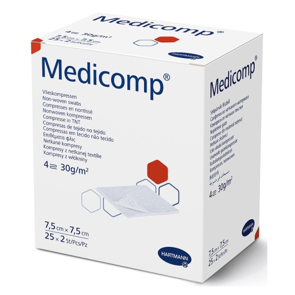 MEDICOMP KOMPRESY CHŁONNE Z WŁÓKNINY JAŁOWE 7,5 x 7,5 cm 2 x 25 sztuk (50 sztuk)