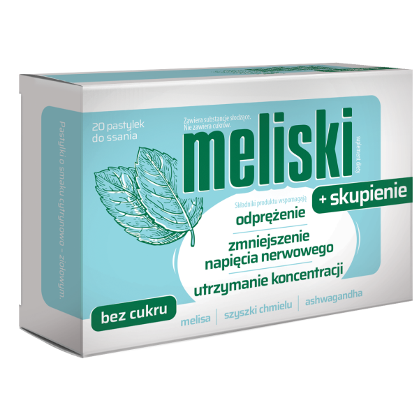 MELISKI + SKUPIENIE 20 pastylek do ssania o smaku cytrynowo – ziołowym