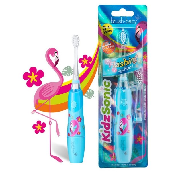 BRUSH-BABY KidzSonic Flamingo szczoteczka soniczna dla dzieci w wieku 3+ lat z motywem FLAMINGA 1 zestaw