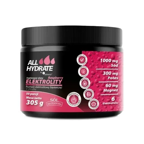 ALLHYDRATE ELEKTROLITY RASPBERRY 305g, 50 porcji