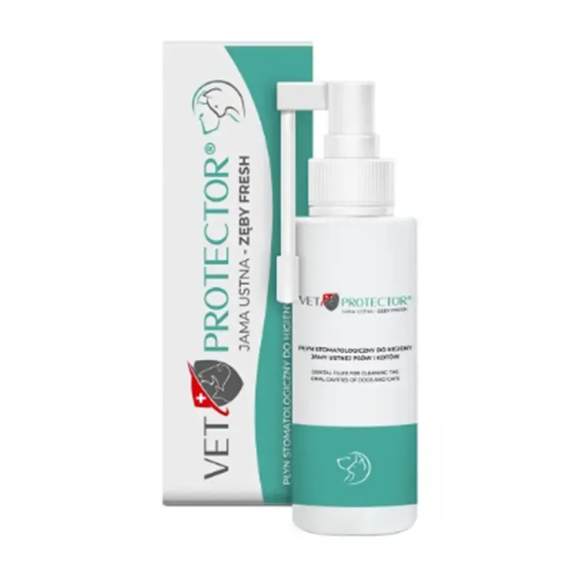 VET PROTECTOR JAMA USTNA – ZĘBY FRESH PŁYN STOMATOLOGICZNY DO HIGIENY JAMY USTNEJ PSA I KOTA 100 ml