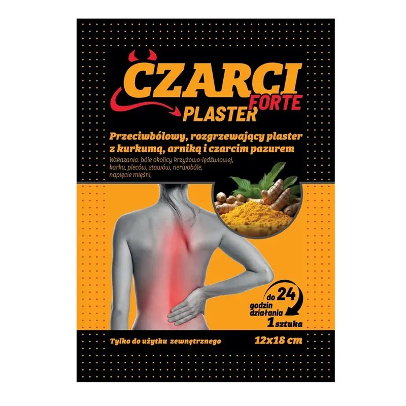 CZARCI PLASTER FORTE PRZECIWBÓLOWY, ROZGRZEWAJĄCY PLASTER Z KURKUMĄ, ARNIKĄ I CZARCIM PAZUREM 12x18 cm 1 sztuka
