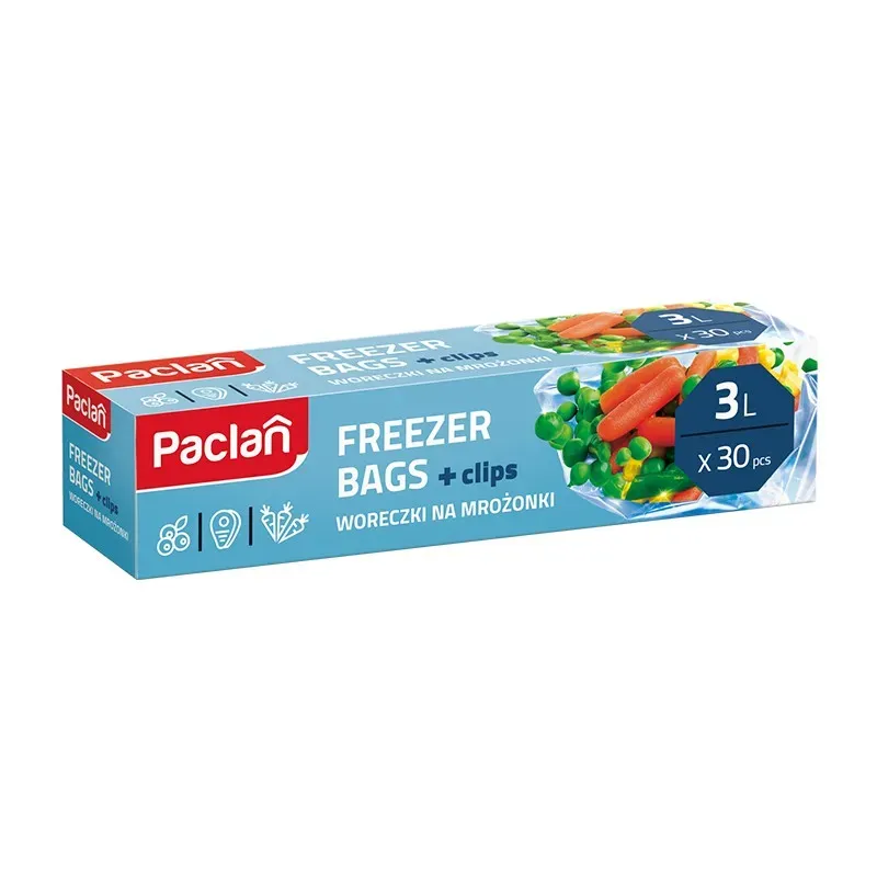PACLAN FREEZER BAGS + CLIPS WORECZKI NA MROŻONKI 3L 30 sztuk
