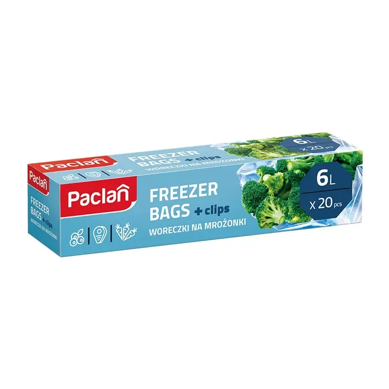 PACLAN FREEZER BAGS + CLIPS WORECZKI NA MROŻONKI 6L 20 sztuk