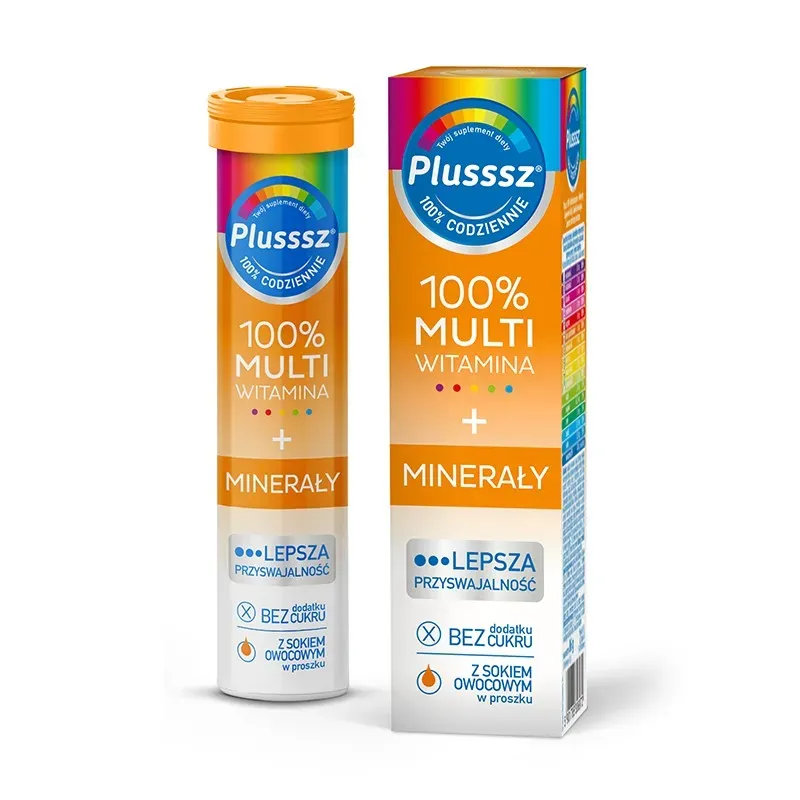 PLUSSSZ 100% MULTIWITAMINA + MINERAŁY 20 tabletek musujących o smaku mango–pomarańcza