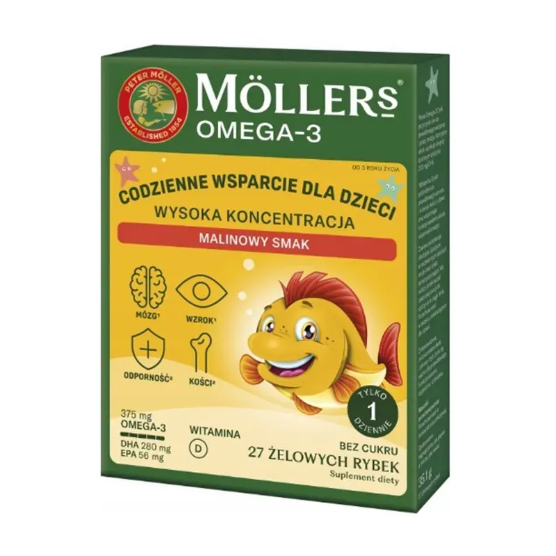 MOLLER'S OMEGA-3 CODZIENNE WSPARCIE DLA DZIECI - WYSOKA KONCENTRACJA 27 żelowych rybek o smaku malinowym