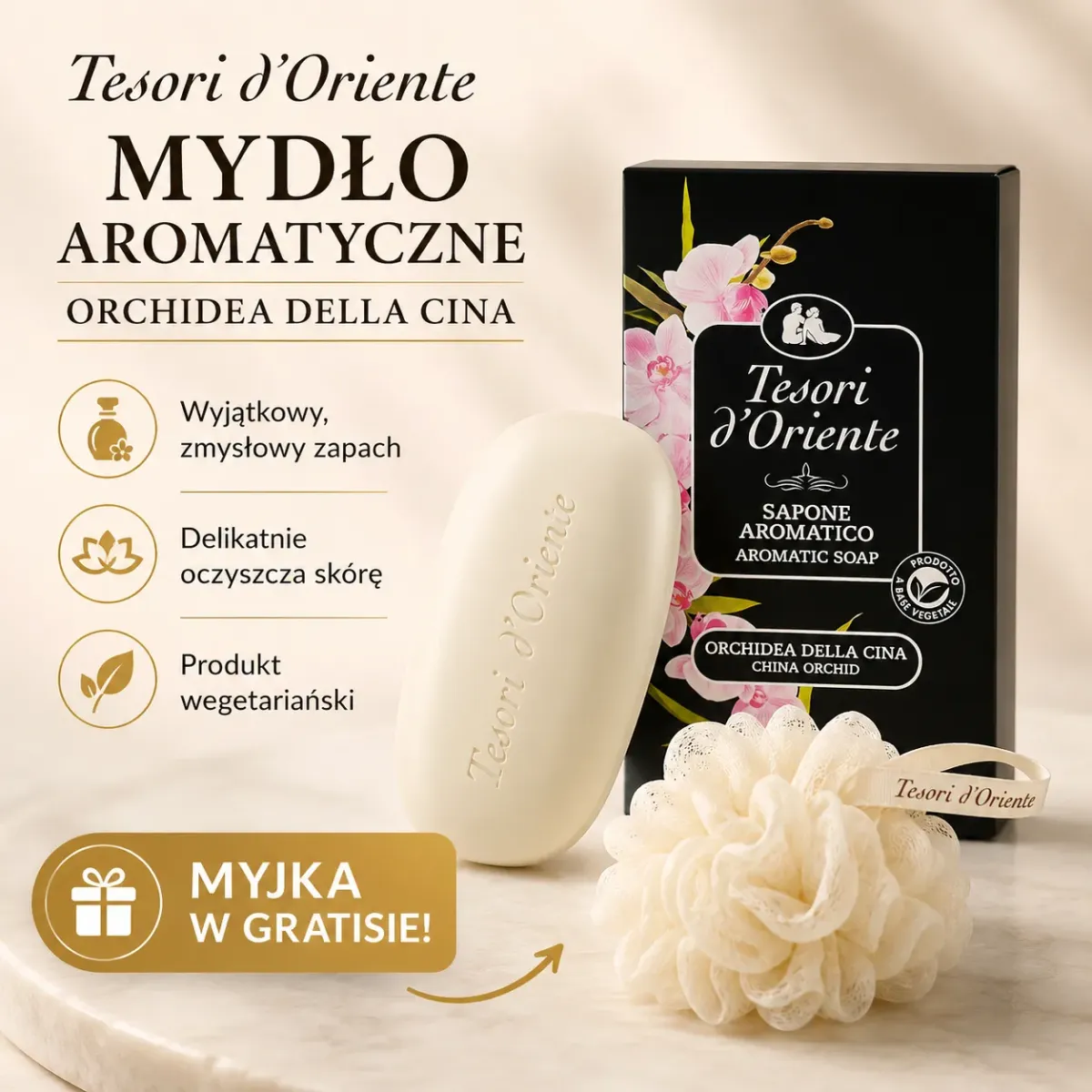 TESORI D'ORIENTE MYDŁO W KOSTCE ORCHIDEA 125 g + GRATIS MYJKA