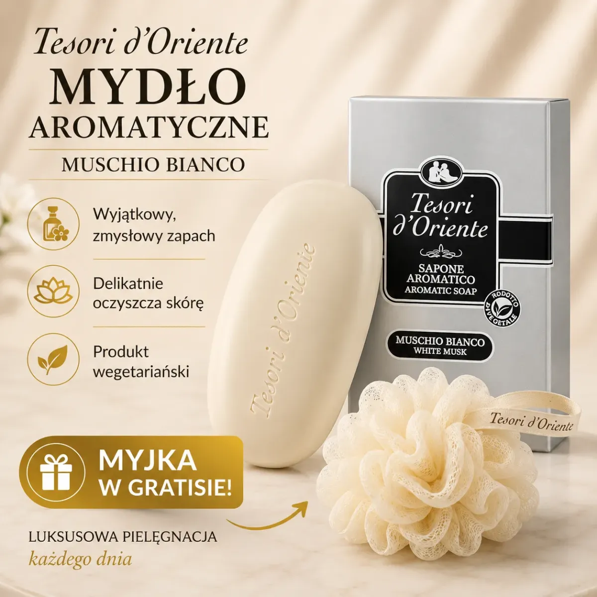 TESORI D'ORIENTE MYDŁO W KOSTCE MUCHIO BIANCO 125 g + GRATIS MYJKA