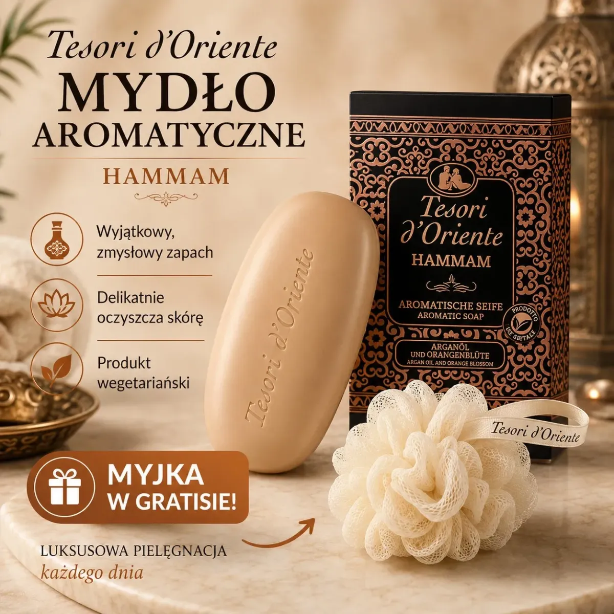 TESORI D'ORIENTE MYDŁO W KOSTCE HAMMAM 125 g + GRATIS MYJKA