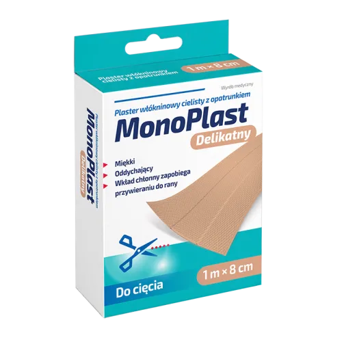 MONOPLAST PLASTER WŁÓKNINOWY CIELISTY: Z OPATRUNKIEM: 1m x 8 cm