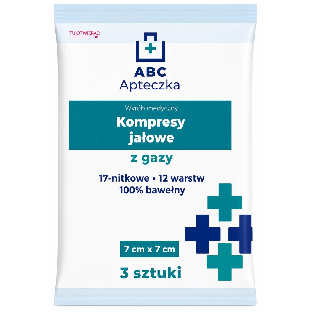 APTECZKA ABC KOMPRESY JAŁOWE Z GAZY 17-NITKOWEJ 7 x 7 cm 3 sztuki