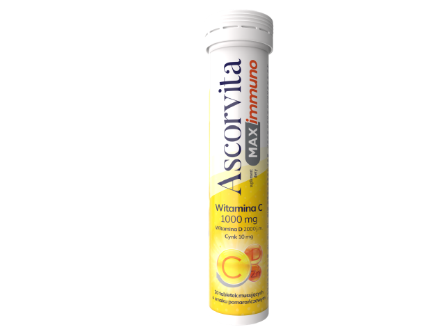 ASCORVITA MAX IMMUNO 20 tabletek musujących o smaku pomarańczowym.
