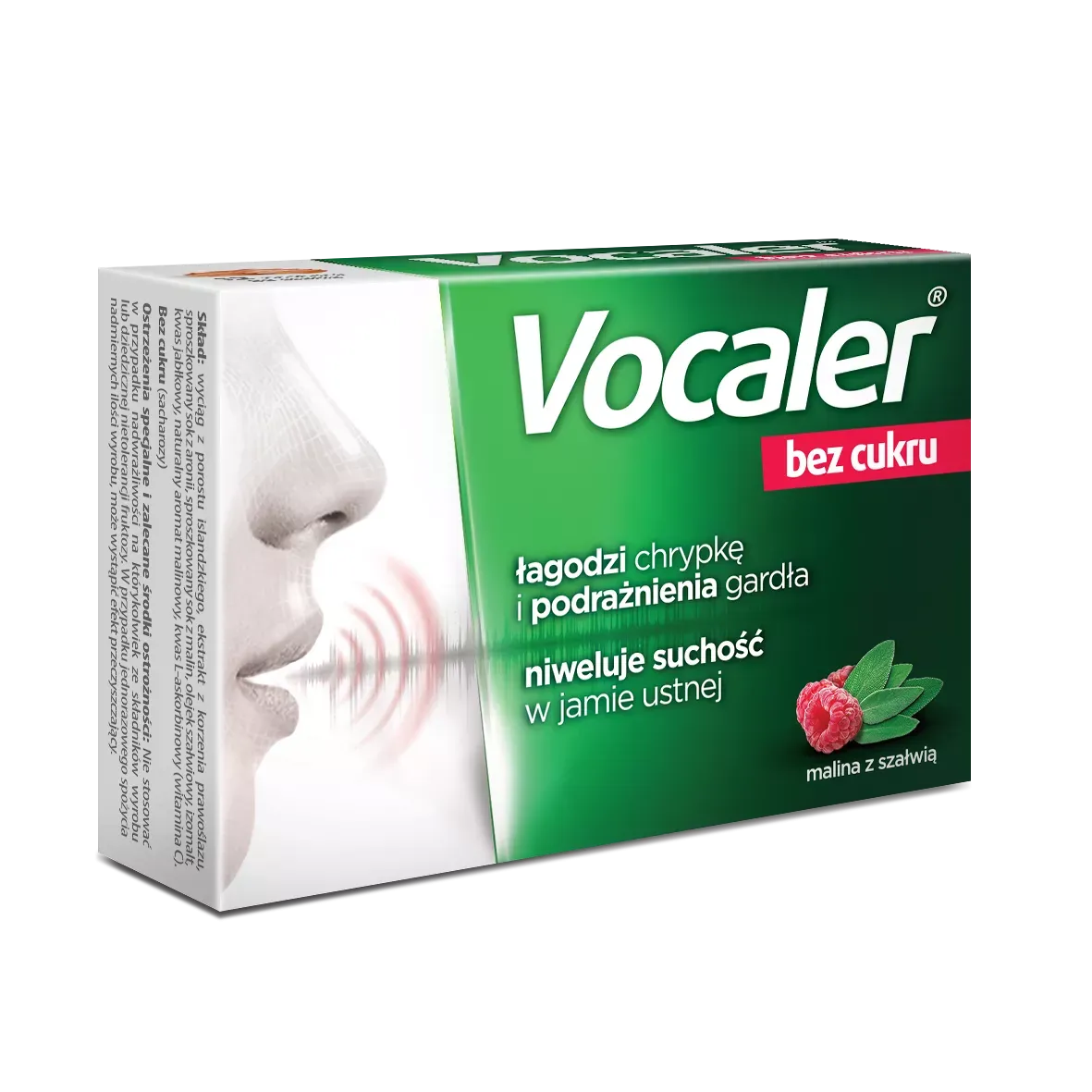 VOCALER BEZ CUKRU MALINA Z SZAŁWIĄ 12 pastylek do ssania