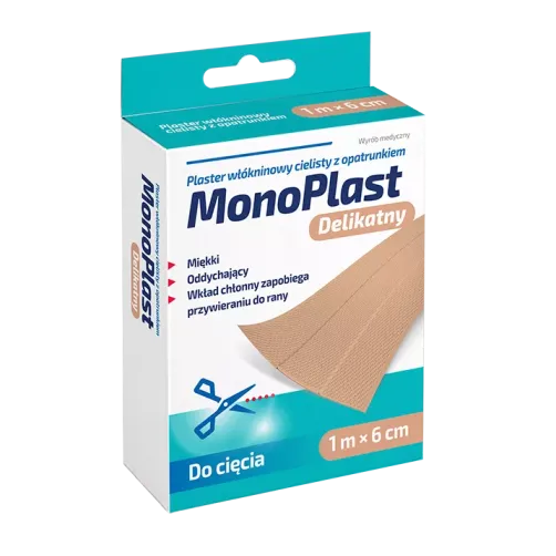 MONOPLAST PLASTER WŁÓKNINOWY CIELISTY: Z OPATRUNKIEM: 1m x 6 cm