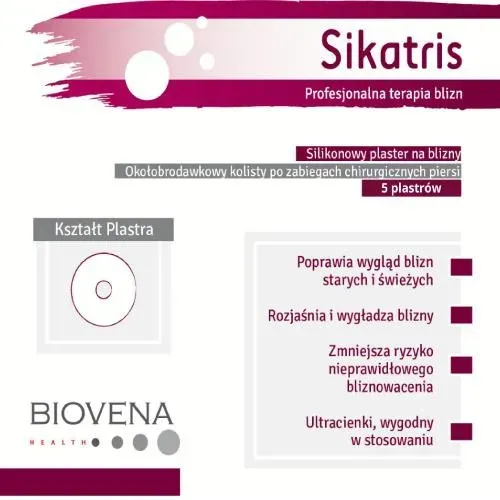 SIKATRIS SILIKONOWY PLASTER NA BLIZNY OKOŁOBRODAWKOWY KOLISTY PO ZABIEGACH CHIRURGICZNYCH PIERSI 7,6 cm 5 sztuk