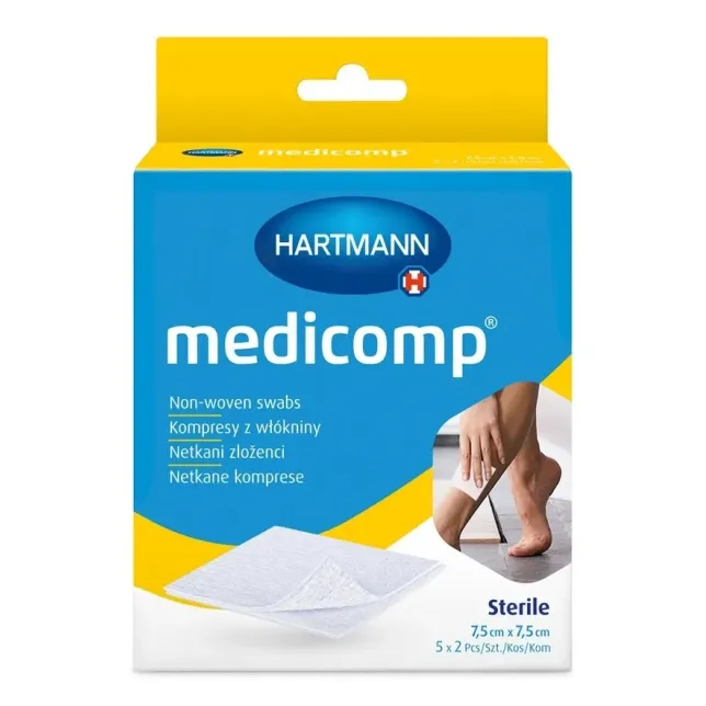 MEDICOMP KOMPRESY CHŁONNE Z WŁÓKNINY JAŁOWE 7,5 x 7,5 cm 5 x 2 sztuki (10 sztuk)