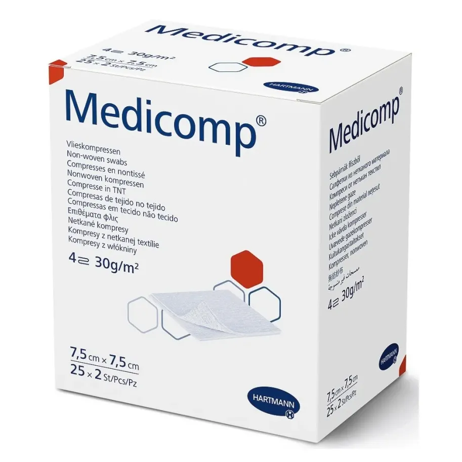 MEDICOMP KOMPRESY CHŁONNE Z WŁÓKNINY JAŁOWE 7,5 x 7,5 cm 2 x 25 sztuk (50 sztuk)