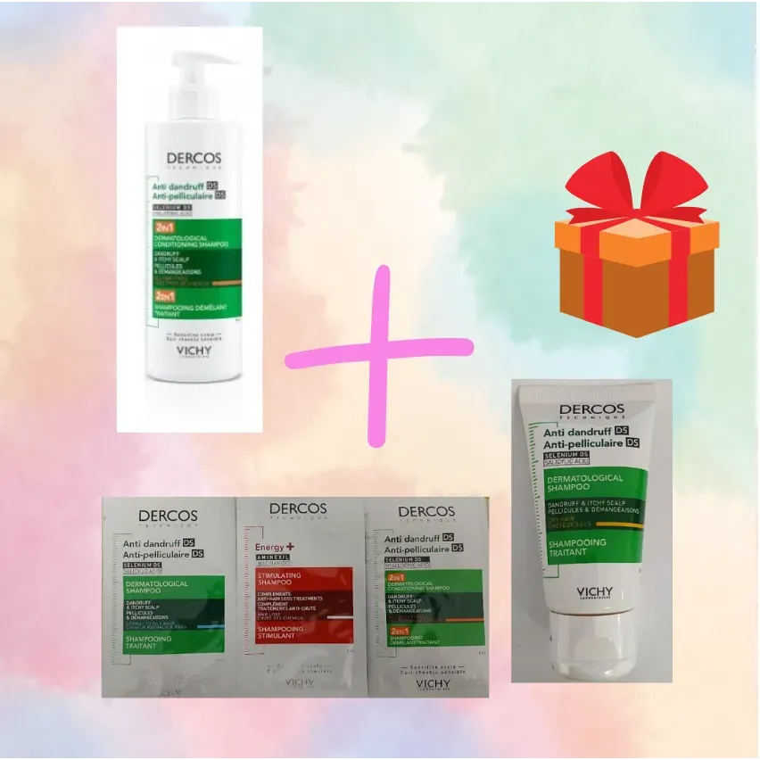 DERCOS SZAMPON PRZECIWŁUPIEŻOWY Z ODŻYWKĄ 2W1 390 ml + GRATIS 50 ml + 3x 6 ml