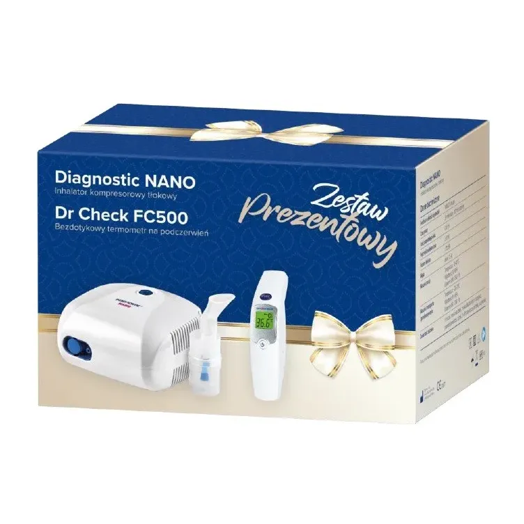 ZESTAW INHALATOR KOMPRESOROWY TŁOKOWY DIAGNOSTIC NANO + TERMOMETR BEZDOTYKOWY DR CHECK FC 500 1 zestaw