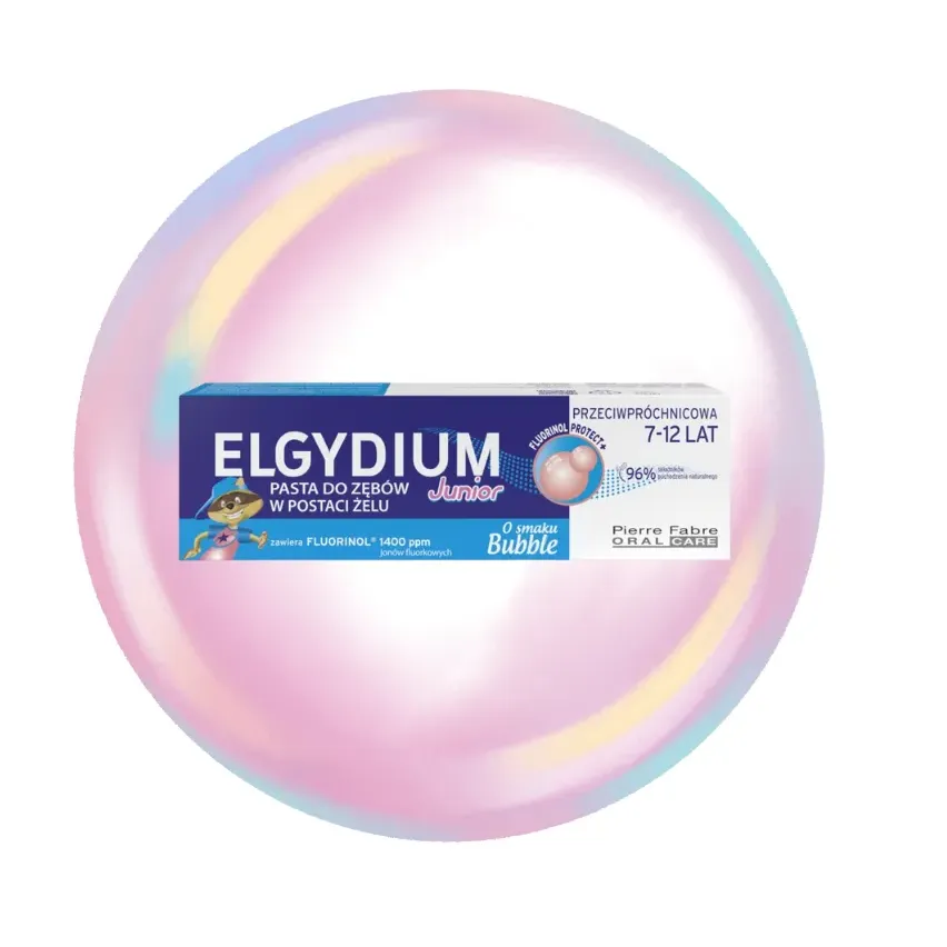 ELGYDIUM Junior Bubble pasta do zębów dla dzieci 7-12 lat z Kompleksem Fluorinol Protect+, 50 ml