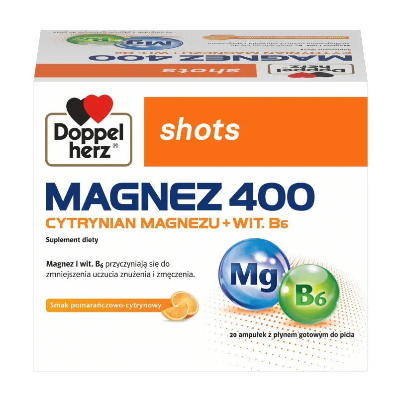 DOPPELHERZ SHOTS MAGNEZ 400 CYTRYNIAN MAGNEZU + WIT. B6 20 ampułek o smaku pomarańczowo-cytrynowym