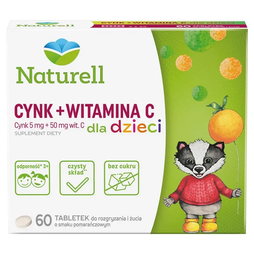 NATURELL CYNK + WITAMINA C DLA DZIECI 60 tabletek do rozgryzania i żucia
