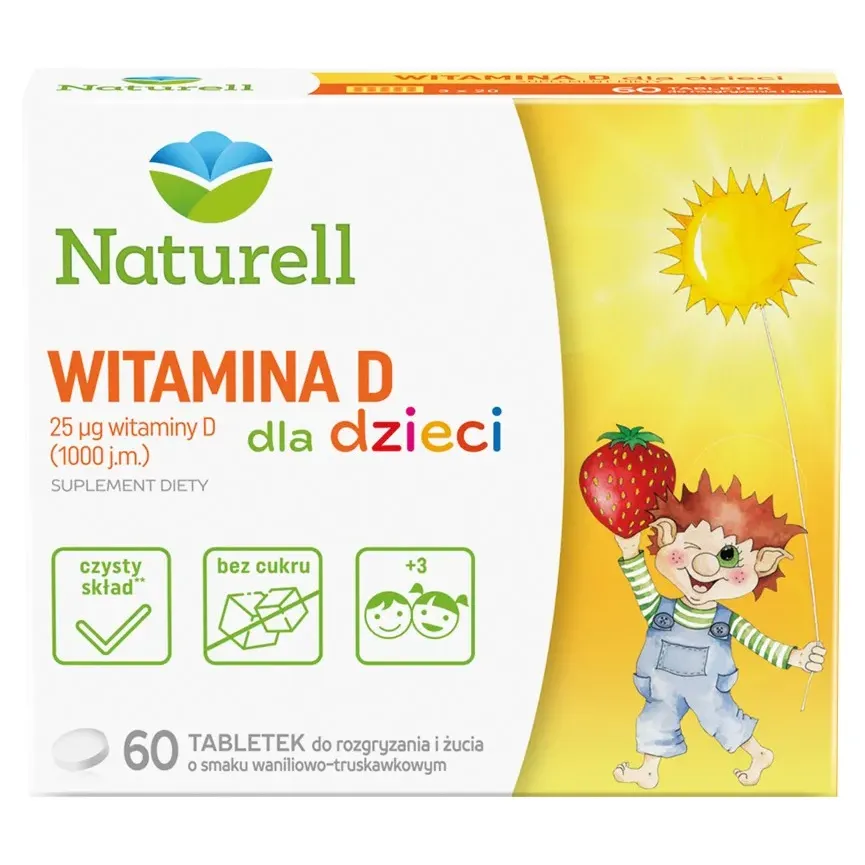 NATURELL WITAMINA D DLA DZIECI 60 tabletek do rozgryzania i żucia o smaku waniliowo-truskawkowym