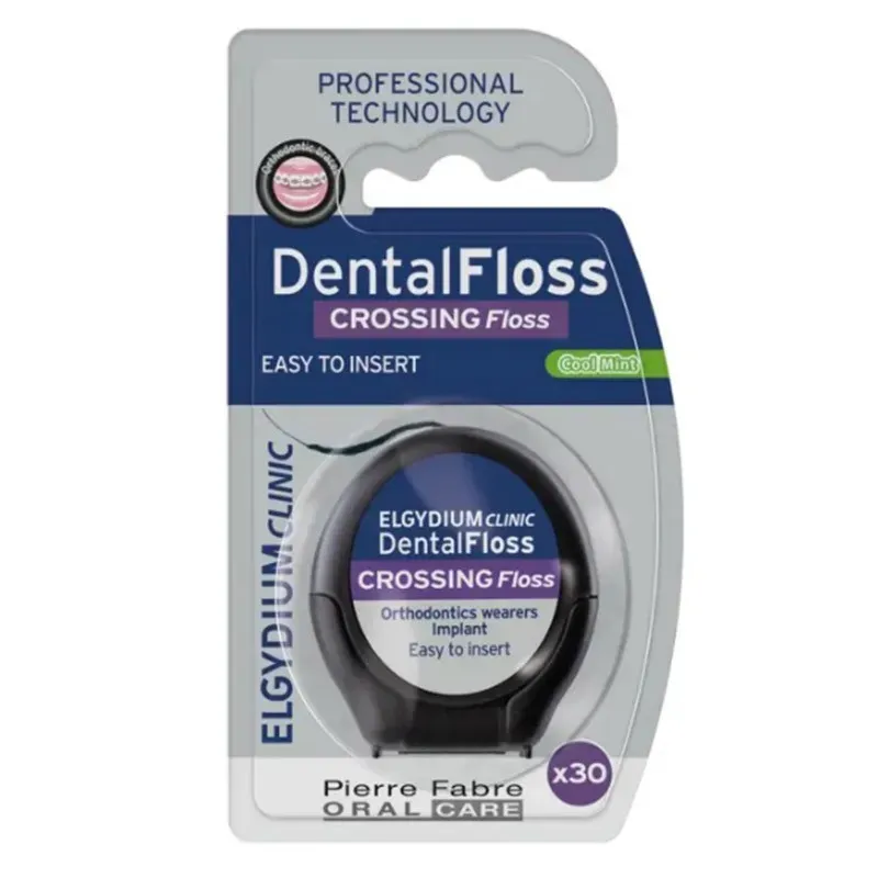 ELGYDIUM CLINIC DENTALFLOSS CROSSING FLOSS NIĆ DENTYSTYCZNA DO APARATÓW ORTODONTYCZNYCH I IMPLANTÓW 30 sztuk