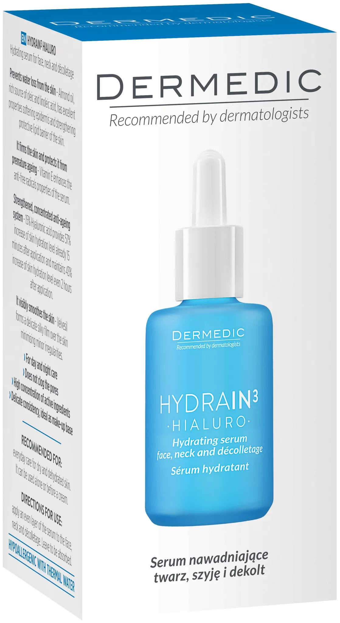 DERMEDIC HYDRAIN3 HIALURO SERUM NAWADNIAJĄCE TWARZ, SZYJĘ I DEKOLT 30 ml