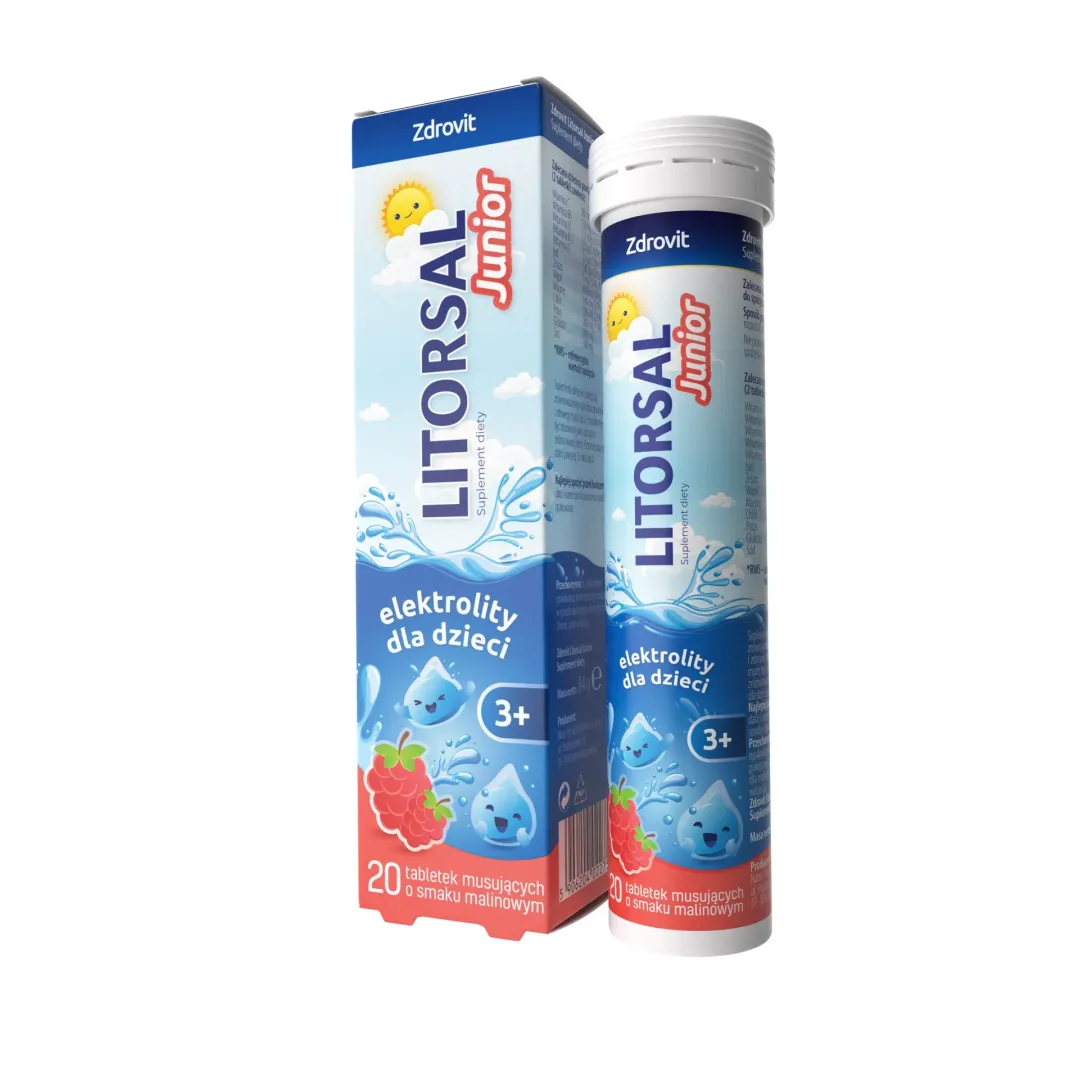 LITORSAL JUNIOR 20 tabletek musujących o smaku malinowym DW: 2026/08/30