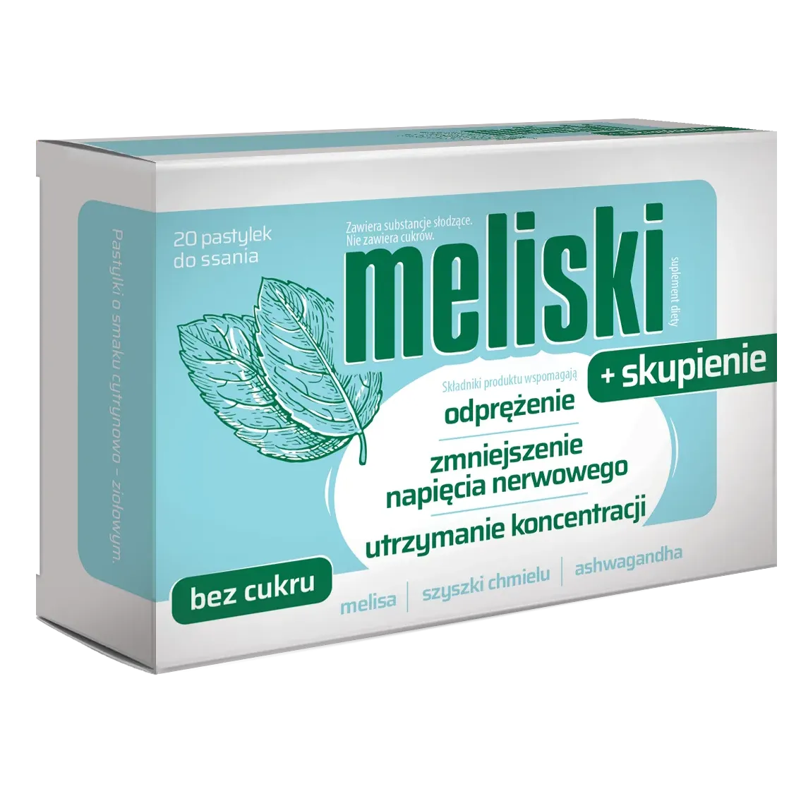 MELISKI + SKUPIENIE 20 pastylek do ssania o smaku cytrynowo – ziołowym