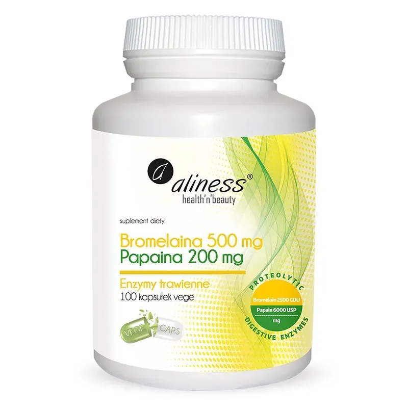 ALINESS BROMELAINA 500 mg PAPAINA 200 mg ENZYMY TRAWIENNE 100 kapsułek